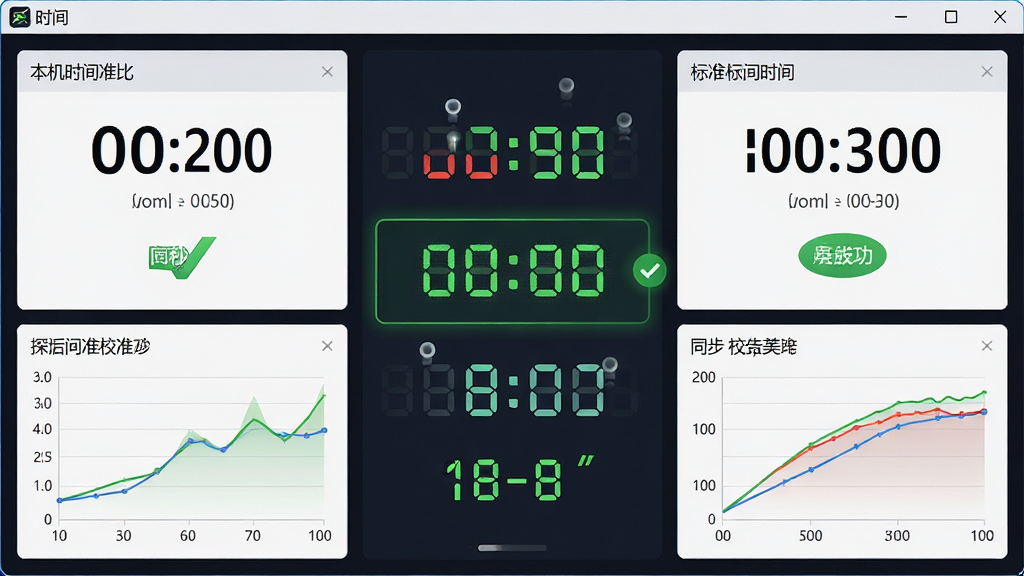 电脑时间校准器毫秒级校准功能展示,主体为软件时间对比界面,左侧显示本机时间,右侧显示标准时间,中间以毫秒级差值高亮标注,布局左右对称,排版清晰,风格为科技感数据面板风格,细节包含毫秒数字跳动动画效果、绿色同步成功标识、时间误差曲线图,画质高清,干净,无多余元素