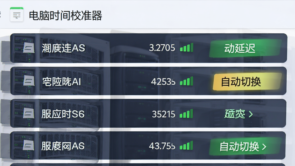 电脑时间校准器多服务器智能切换功能示意,主体为服务器列表界面,布局为纵向列表排列,排版整齐,风格为简洁商务风格,细节包含多个服务器名称、响应延迟数值、绿色信号强度图标、自动切换高亮标识,画质高清,干净,无多余元素