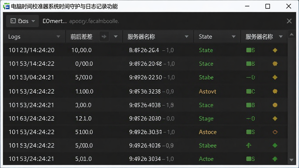 电脑时间校准器系统时间守护与日志记录功能界面,主体为日志列表窗口,布局为表格式排列,排版规整,风格为专业数据管理风格,细节包含时间戳、校准前后差值、服务器名称、状态标识,画质高清,干净,无多余元素