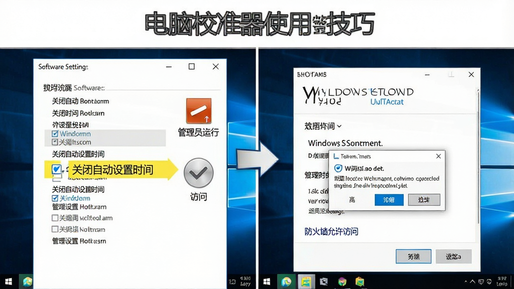 电脑时间校准器使用技巧示意图,主体为软件设置界面与Windows系统时间设置界面对照,布局为左右分屏,排版清晰,风格为教程指引风格,细节包含高亮标注的“关闭自动设置时间”选项、管理员运行图标、防火墙允许访问弹窗,画质高清,干净,无多余元素