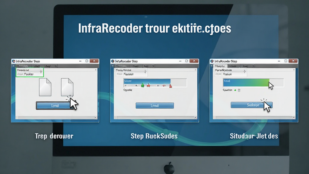 InfraRecorder 使用教程示意图,主体是电脑屏幕显示软件操作步骤,布局为分步截图排列,排版展示拖拽文件、设置速度、点击刻录三个画面,风格为教学图解风,细节包括鼠标指针、高亮按钮、容量条,画质高清,干净,无多余元素