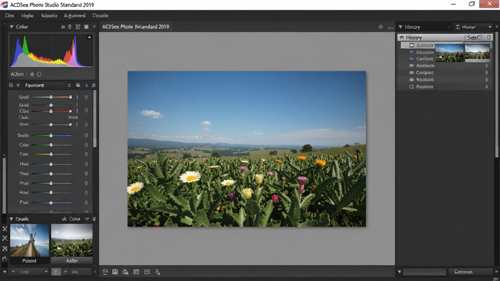 ACDSee Photo Studio Standard 2019 编辑调整界面,主体为照片编辑画布,布局左侧为调整工具面板,右侧为历史记录,排版展示曝光、色彩、锐化等滑块,风格专业简洁,细节包含直方图、调整前后对比,画质高清,画面干净,无多余元素
