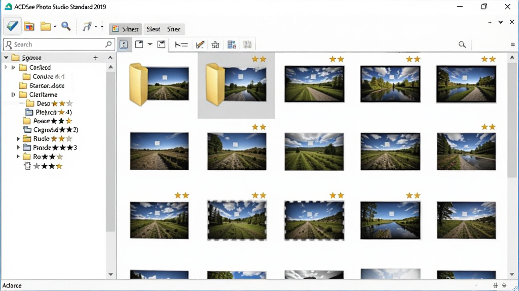 ACDSee Photo Studio Standard 2019 照片管理界面,主体为软件窗口,布局采用左侧目录与右侧缩略图网格,排版展示多个照片文件夹与评级星标,风格为现代数码工具风,细节包含搜索框、筛选标签、图片缩略图,画质高清,画面干净,无多余元素