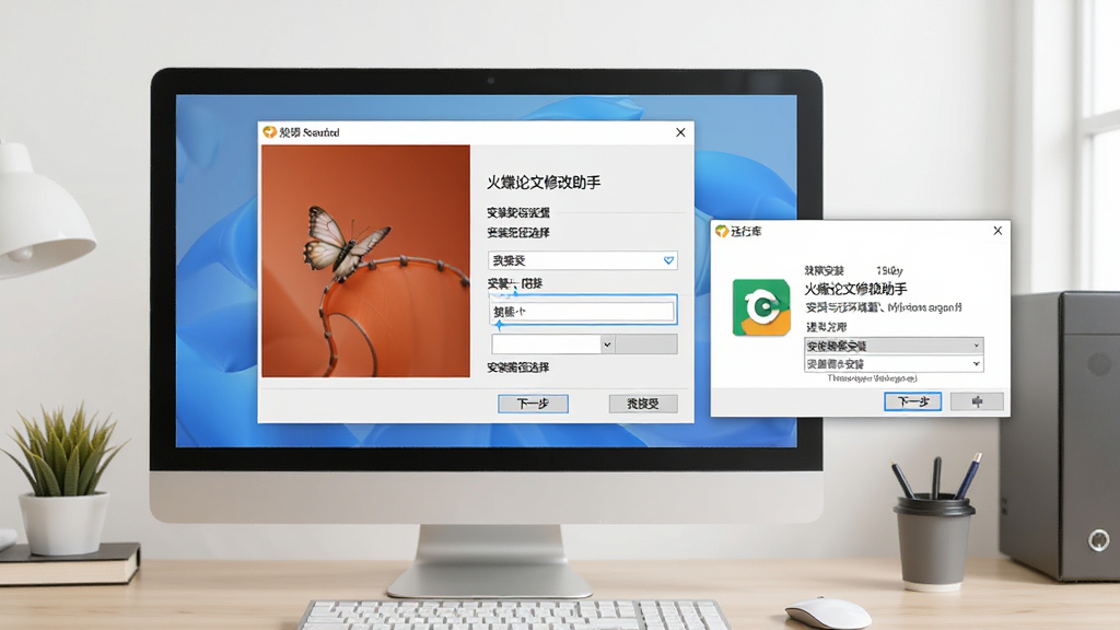 火蝶论文修改助手软件安装与运行环境配置示意图,画面展示电脑屏幕上软件安装向导界面,旁边配有运行库安装提示弹窗,桌面背景为简洁办公风格,细节包含“下一步”“我接受”“安装路径选择”等按钮,画质清晰,干净,无多余元素
