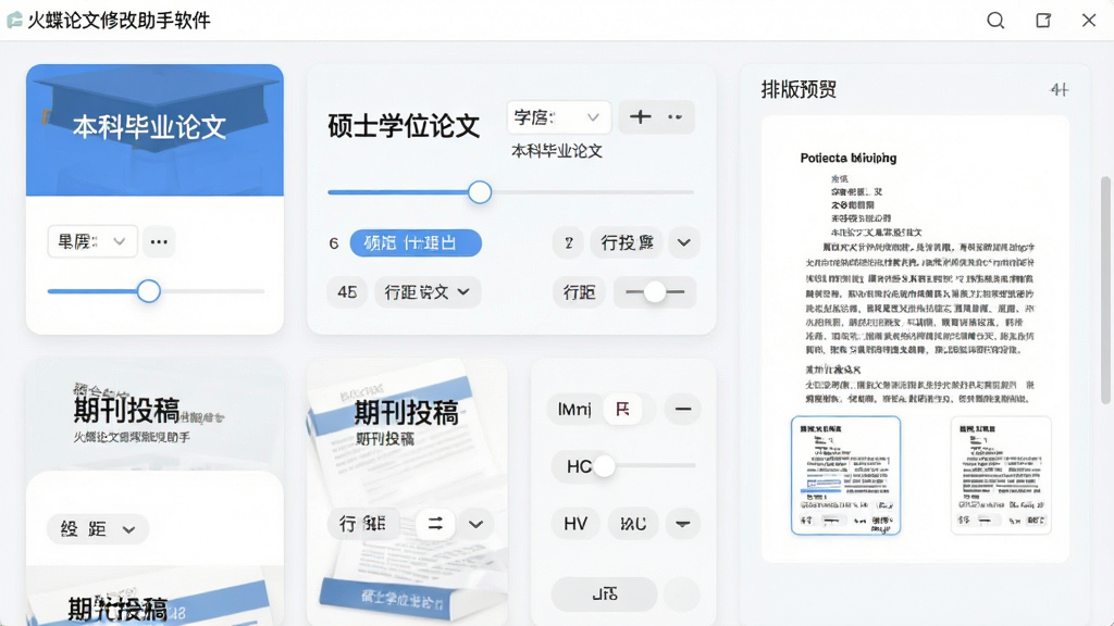 火蝶论文修改助手软件格式排版模板选择界面,画面展示软件内多个论文格式模板卡片,卡片上标注“本科毕业论文”“硕士学位论文”“期刊投稿”等文字,右侧为排版预览区域,风格为清爽卡片式布局,细节包含字体设置滑块、行距调节按钮、预览缩略图,画质清晰,干净,无多余元素