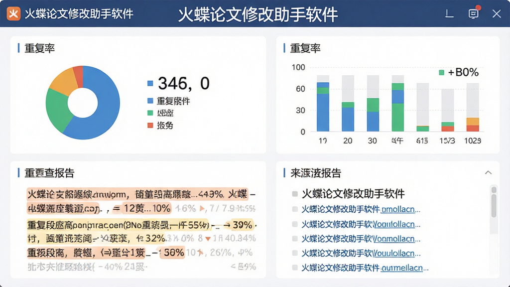 火蝶论文修改助手软件查重检测报告界面,画面展示一份图表化的查重报告,包含重复率数值、重复段落高亮标注、来源链接列表,界面顶部有“火蝶论文修改助手软件”文字标识,风格为数据可视化仪表盘设计,细节包含饼状图、条形图、百分比数字,画质清晰,干净,无多余元素