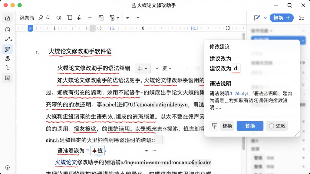 火蝶论文修改助手软件语法纠错润色界面,画面展示软件编辑器中论文文字带有红色波浪线标注,右侧弹出修改建议浮窗,浮窗内显示“建议改为”“语法说明”等文字,风格为简洁文档编辑界面,细节包含批注图标、替换按钮、忽略选项,画质清晰,干净,无多余元素