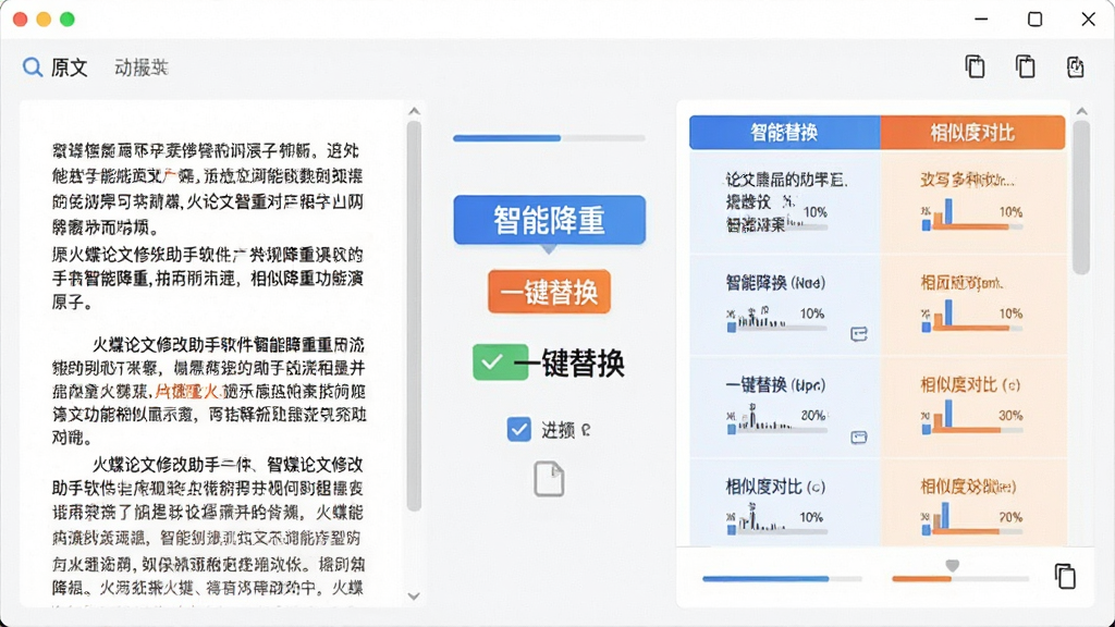 火蝶论文修改助手软件智能降重功能演示界面,画面中心为软件操作面板,左侧显示原文段落,右侧显示改写后的多种方案对比,界面中带有“智能降重”“一键替换”“相似度对比”等文字标签,风格为扁平化科技界面,细节包含进度条、勾选按钮、复制图标,画质清晰,干净,无多余元素