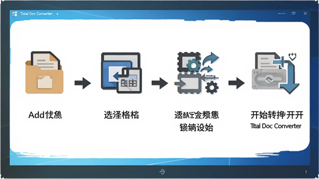 一幅展示 Total Doc Converter 在 Windows 电脑上操作流程的示意图,画面分为四个步骤,分别是添加文件、选择格式、设置参数、开始转换,每个步骤配有简洁图标与文字说明,背景为干净的白色,风格扁平化教程风,细节清晰,画质高清,无多余元素。
