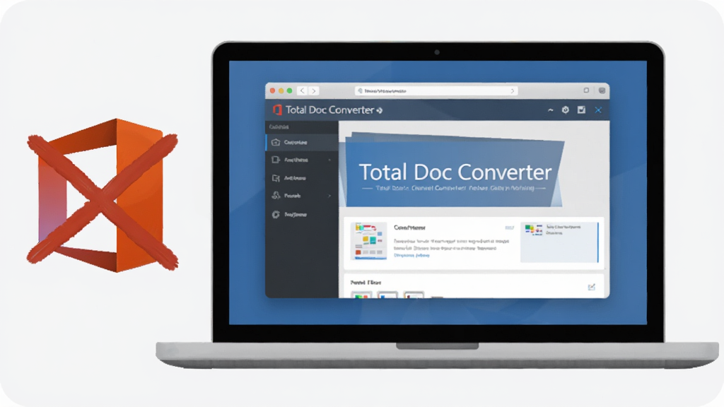 一幅表现 Total Doc Converter 独立运行特性的插画,画面中一台笔记本电脑屏幕上显示 Total Doc Converter 界面,旁边有一个打叉的 Office 图标,表示无需依赖,背景为干净的浅灰色,风格简约商务,细节清晰,画质高清,无多余元素。