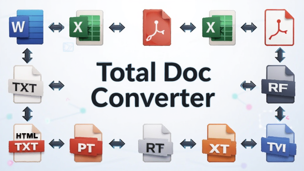 一幅展示 Total Doc Converter 格式兼容性的信息图,画面中央是软件名称
