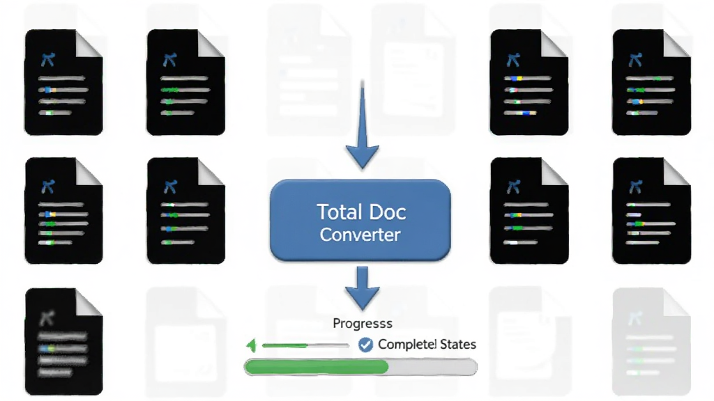 一幅表现 Total Doc Converter 批量转换功能的场景图,画面中多个文档图标排列整齐,箭头指向一个中央转换按钮,按钮下方显示进度条和完成状态,背景为干净的白色与淡灰色,风格扁平化,细节清晰,画质高清,无多余元素。