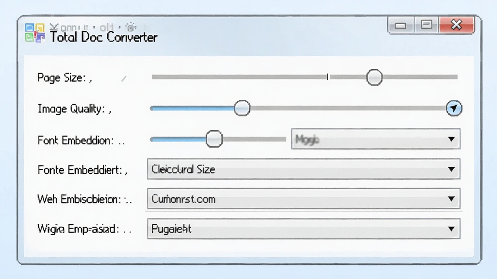 一幅展示 Total Doc Converter 参数设置界面的数字插画,画面中显示软件的设置面板,包含页面大小、图片质量、字体嵌入等选项滑块与下拉菜单,背景为干净的浅蓝色,风格简洁专业,细节清晰,画质高清,无多余元素。