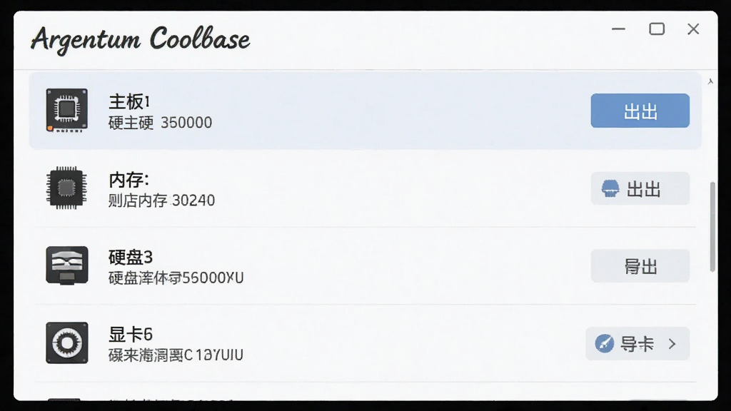 一张简洁的软件界面截图风格插画,画面中展示 Argentum Coolbase 的硬件信息列表,包含主板、内存、硬盘、显卡等条目,每条前面有对应的硬件图标,界面为浅色主题,文字为中文,布局为纵向列表,右侧有导出按钮,风格为扁平化 UI 设计,细节清晰,画质 4K,干净,无多余元素