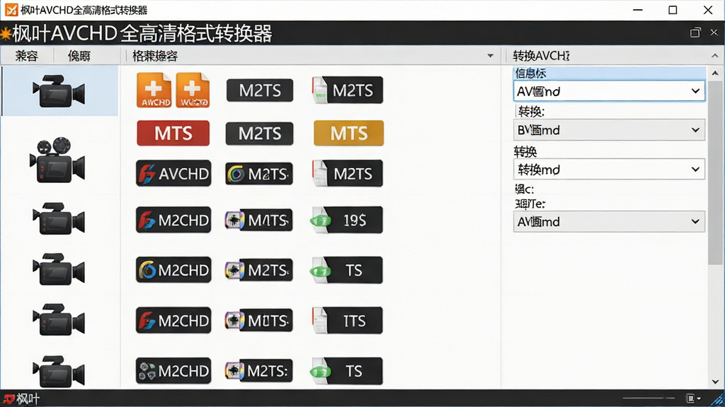 一张展示枫叶AVCHD全高清格式转换器格式兼容性的图片,画面主体是软件界面中导入多个AVCHD视频文件后的列表视图,左侧显示不同摄像机品牌图标,中间显示MTS、M2TS、TS等格式标签,右侧显示转换目标格式下拉菜单,布局为三栏式信息展示,排版整齐有序,风格为扁平化科技风,细节上体现“枫叶AVCHD全高清格式转换器”软件名称、多格式图标、兼容标识等元素,画质清晰干净无多余元素