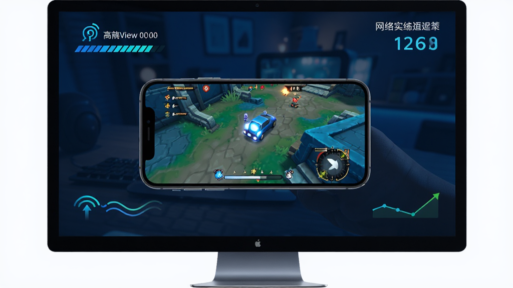 LiveView实时高清投屏功能展示,主体为电脑屏幕显示手机游戏画面,布局为全屏投屏展示,排版突出高帧率与低延迟,风格为科技蓝调,细节包括画面流畅度指示器与网络延迟数值,画质清晰,干净,无多余元素