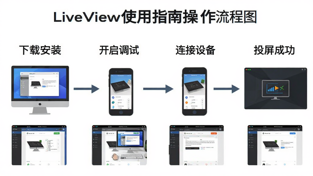 LiveView使用指南操作流程图,主体为电脑与手机连接步骤分解,布局为横向流程图,排版从左到右依次为下载安装、开启调试、连接设备、投屏成功,风格为扁平化图标,细节包括每一步的界面截图缩略图,画质清晰,干净,无多余元素