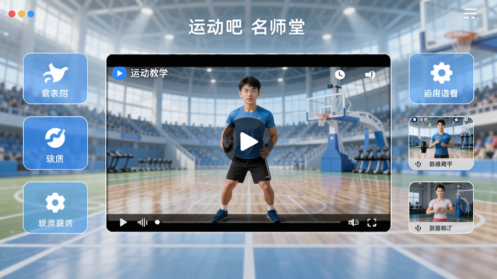 运动吧名师堂软件主界面展示,中央是运动教学视频播放区域,周围环绕功能按钮,背景是明亮的运动场馆场景,布局清晰,排版简洁,风格现代科技感,细节包括运动图标和教学画面缩略图,画质高清,干净,无多余元素