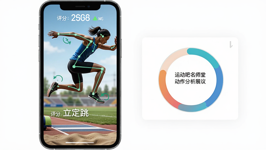 运动吧名师堂动作分析功能展示,手机屏幕中显示一个人正在做立定跳远动作,屏幕上有骨骼线标注和评分数据,旁边有改进建议文字框,布局上下结构,风格简洁直观,细节包括角度标注和分数环,画质清晰,干净,无多余元素