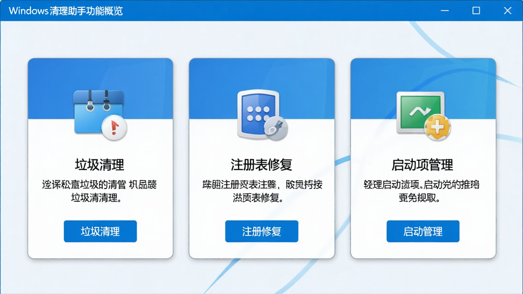 Windows清理助手功能概览界面,屏幕中同时展示垃圾清理、注册表修复、启动项管理三个模块的图标与简介文字,布局为三列卡片式排版,浅色背景配合蓝色点缀,画面干净整洁,高质量UI效果图