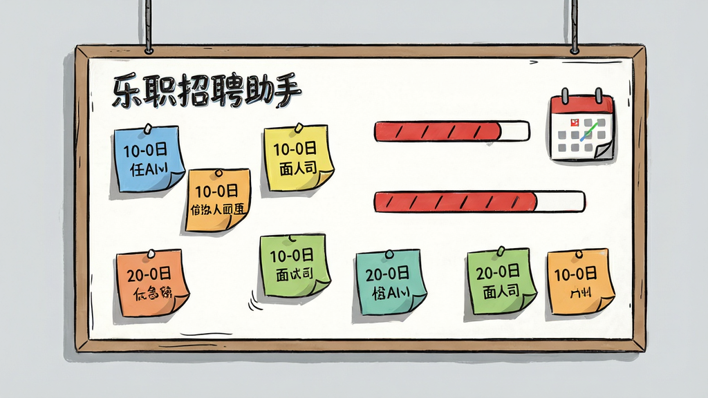 一张展示“乐职招聘助手”投递进度追踪功能的图片,画面主体是一个悬挂式的看板墙,上面贴满了不同颜色的便签纸,便签纸上写着面试时间和公司名称,旁边有红色的进度条和日历图标,背景是浅灰色墙面,布局错落有致,风格为创意办公手绘风,细节包含便签纸的卷边和投影,画质清晰,画面干净,无多余元素