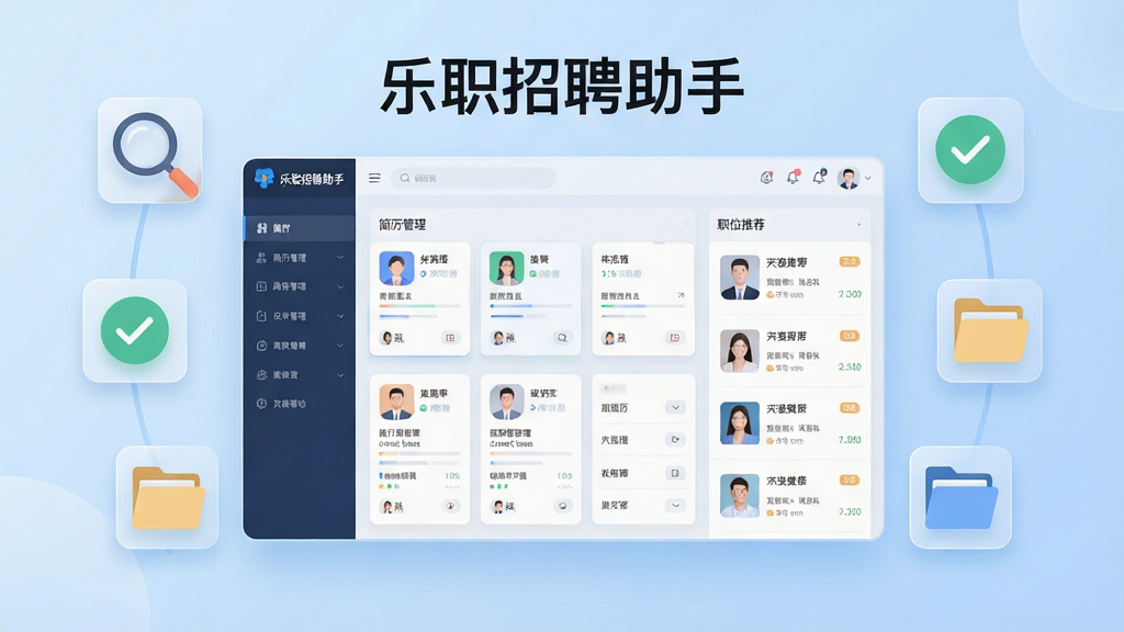 一张以“乐职招聘助手”软件界面为主体的宣传图,画面中央是简洁现代的软件仪表盘,展示着简历管理卡片与职位推荐列表,背景是浅蓝色渐变,周围环绕着放大镜、对勾、文件夹等扁平化图标,布局采用中心对称排版,风格为商务科技风,细节包含半透明毛玻璃效果和细腻的阴影,画质清晰,画面干净,无多余元素