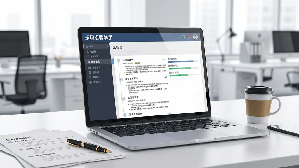 一张展示“乐职招聘助手”简历管理功能的图片,画面中央是一台打开的笔记本电脑,屏幕显示着结构化的简历文档和进度条,电脑旁散落着纸质简历、钢笔和咖啡杯,桌面整洁,背景是明亮的办公室环境,布局采用三分法构图,风格为现代办公写实,细节包含屏幕反光和纸张纹理,画质细腻,画面干净,无多余元素
