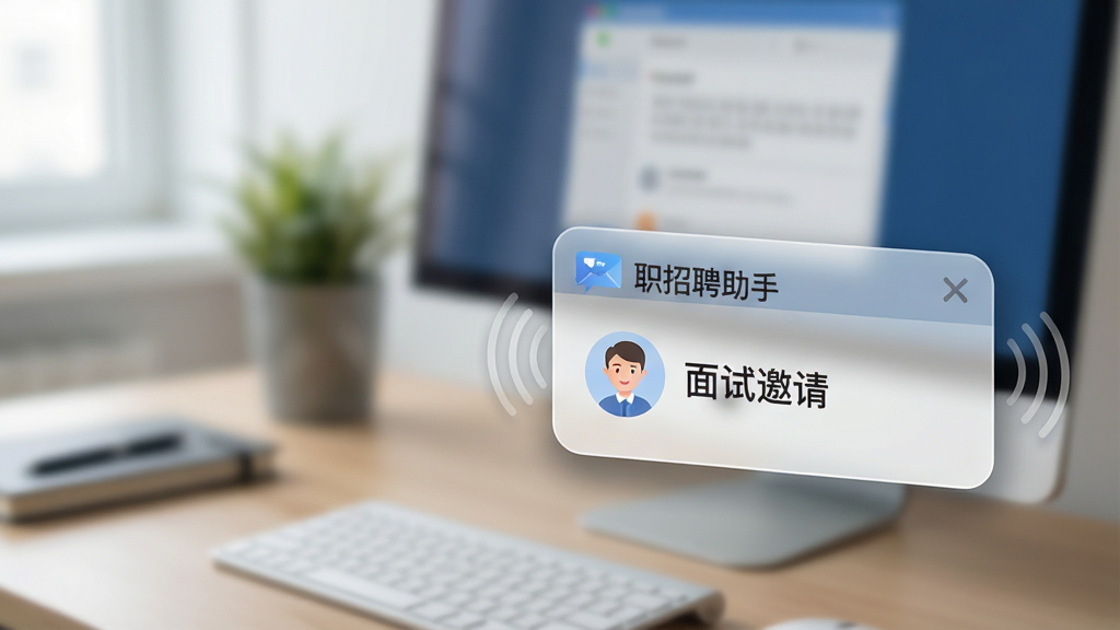 一张展示“乐职招聘助手”消息提醒功能的图片,画面主体是电脑屏幕右下角弹出的一个圆角矩形通知窗口,窗口内显示着“面试邀请”字样和一个头像,周围有震动波纹特效,背景是模糊的办公桌面,布局聚焦于弹窗,风格为轻拟物化设计,细节包含窗口的毛玻璃质感和阴影,画质高清,画面干净,无多余元素