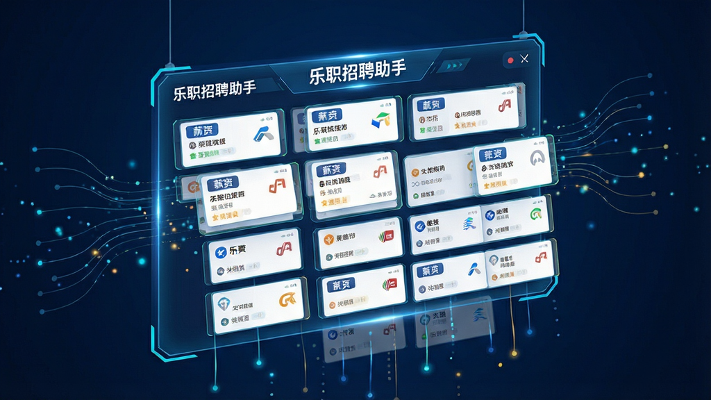 一张展示“乐职招聘助手”智能职位聚合功能的图片,画面主体是一个悬浮的科技感数据面板,面板上密密麻麻排列着各类招聘职位卡片,卡片上有薪资标签和公司Logo,面板周围有数据流线条连接,背景是深色科技蓝,布局呈现瀑布流样式,风格为未来数据可视化,细节包含发光边框和动态粒子效果,画质高清,画面干净,无多余元素