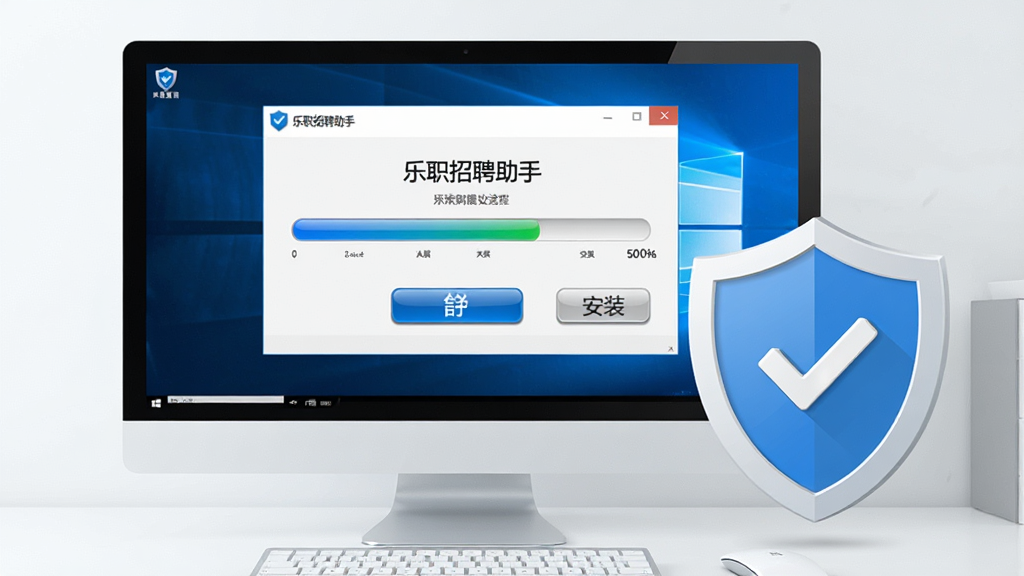 一张展示“乐职招聘助手”在Windows电脑上安装过程的图片,画面主体是电脑屏幕显示安装向导的进度条,旁边有一个醒目的盾牌安全图标,背景是整洁的电脑桌面,布局简洁明了,风格为扁平化软件界面,细节包含进度条的光泽和按钮的立体感,画质清晰,画面干净,无多余元素