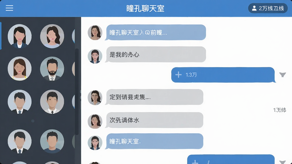 一张瞳孔聊天室多人在线聊天房间的界面截图风格图片,画面中显示多个用户头像排列在聊天窗口左侧,右侧是正在滚动的聊天消息气泡,顶部有房间名称和在线人数标识,界面风格现代简洁,蓝白灰配色,画质清晰干净,无多余装饰元素。