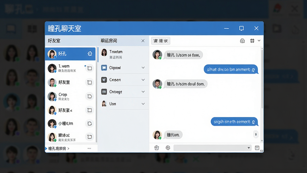 一张展示瞳孔聊天室软件主界面的预览图,画面中央是软件窗口,窗口标题栏写有