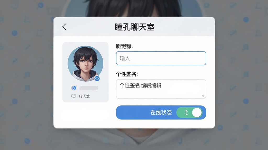 一张瞳孔聊天室个人资料设置页面的预览图,画面中展示头像选择区域、昵称输入框、个性签名编辑栏以及在线状态切换按钮,整体排版整齐,采用卡片式布局,浅色背景搭配蓝色强调色,风格清新简约,画质高清,画面中文字包含