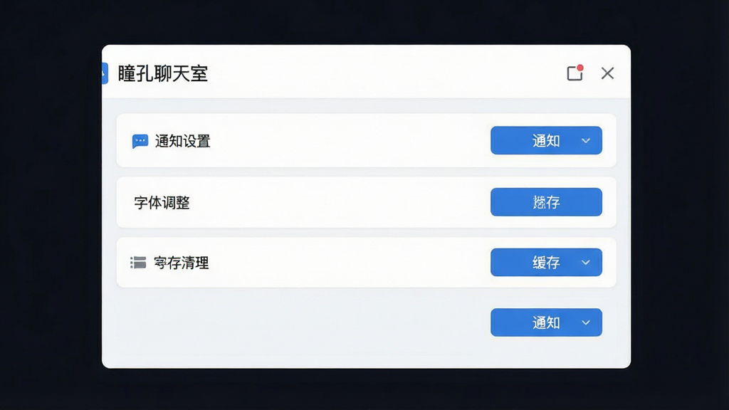 一张展示瞳孔聊天室设置面板的界面预览图,画面中包含通知设置、字体调整、缓存清理等选项,界面布局规整,采用浅色主题搭配蓝色按钮,风格清爽干净,画质高清,画面中可见