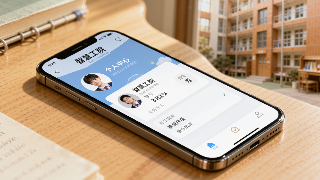 主体为手机展示“智慧工院”个人中心页面,布局为手机侧放于书桌,排版为对角线构图,风格为温暖校园生活风,细节包含学生头像、学号信息卡片、宿舍楼背景虚化,画质明亮干净无多余元素