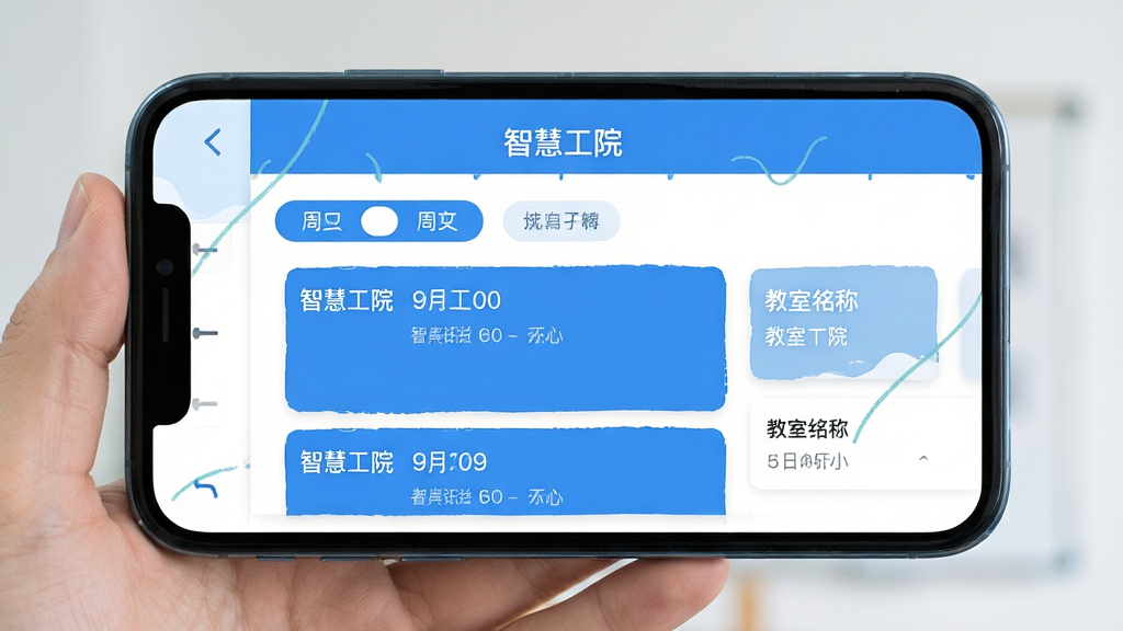 主体为手机屏幕展示“智慧工院”课表界面,布局为手机正面特写,排版为居中构图,风格为清新校园风,细节包含蓝色课程卡片、周次切换按钮、教室名称文字,画质干净清晰无多余元素