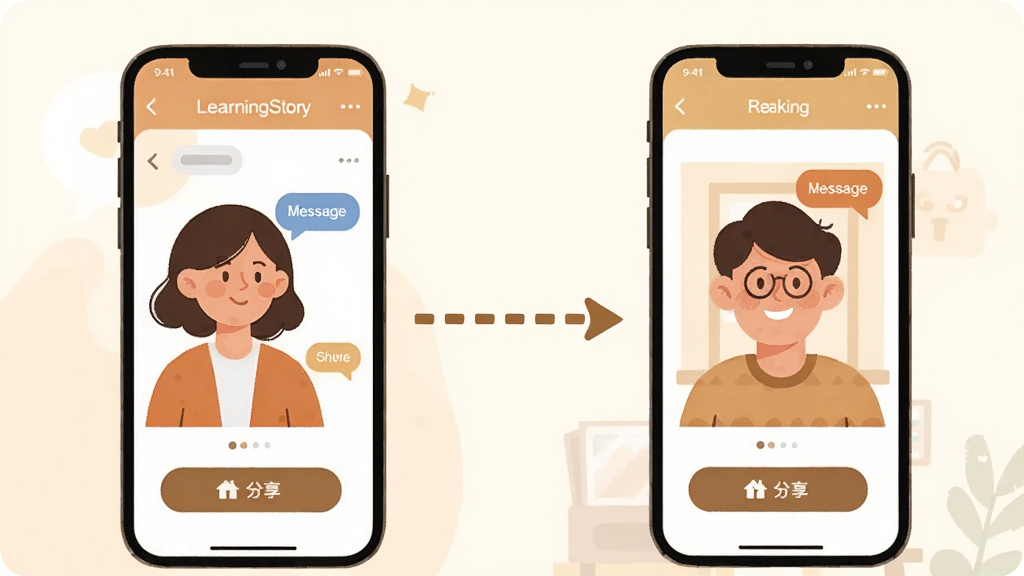 一幅表现LearningStory教师端家校共享功能的图片,画面左侧是教师端手机界面,右侧是家长端手机界面,中间用虚线箭头连接表示信息传递,布局为左右对称,风格为温暖扁平插画,细节包括分享按钮、消息气泡、家长微笑表情,画质清晰,干净,无多余元素