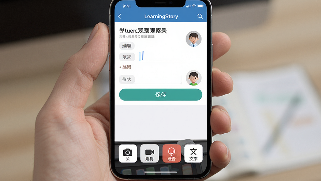 一张展示LearningStory教师端在手机上操作界面的图片,画面主体是手机屏幕显示学生观察记录编辑页面,底部有拍照、录像、录音、文字四个按钮,布局采用居中特写,风格为现代移动应用界面风格,细节包括标签输入框、保存按钮、学生头像,画质高清,干净,无多余元素