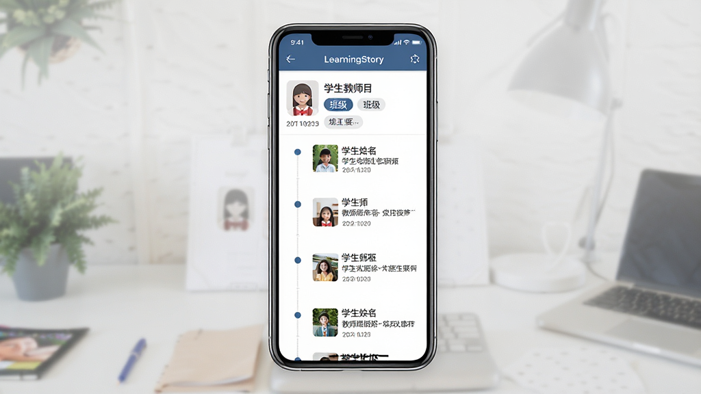 一张LearningStory教师端成长档案管理界面的示意图,画面中央展示手机屏幕上的学生个人档案页面,时间轴纵向排列,每个节点配有缩略图和简短文字,布局采用上下结构,上方为档案头部信息,下方为时间轴记录,风格为简约商务风,细节包括学生姓名、班级标签、日期戳,画质高清,干净,无多余元素