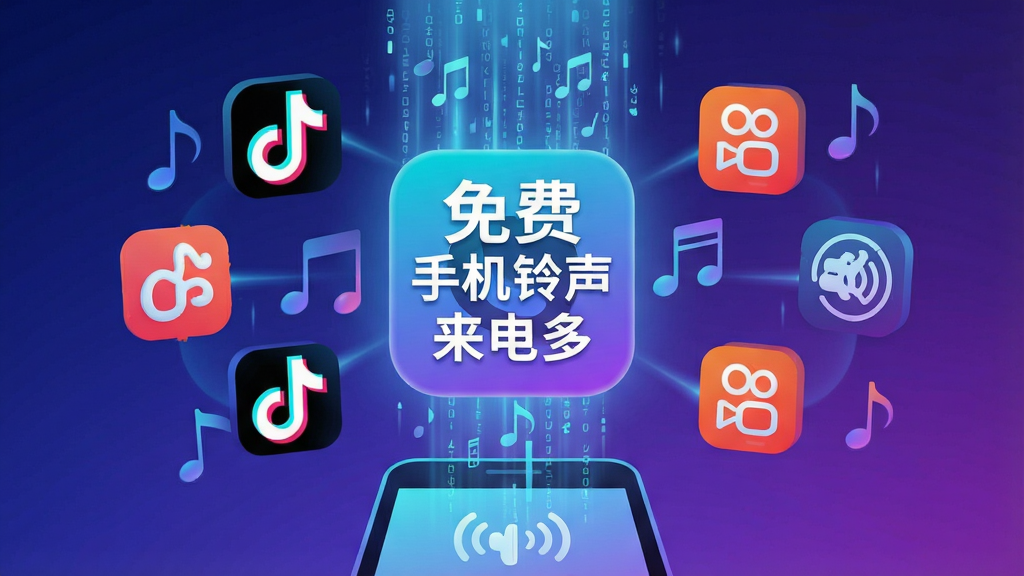 一个充满科技感的音乐数据流界面,画面中央是“免费手机铃声来电多”的软件图标,周围环绕着抖音、快手等流行元素抽象化后的音乐符号,数据流像瀑布一样从上方倾泻而下,落入下方的一个手机图标中,寓意铃声实时同步,风格偏向赛博朋克与清新结合,色彩以蓝紫渐变为主,细节丰富,画质清晰,干净无多余元素