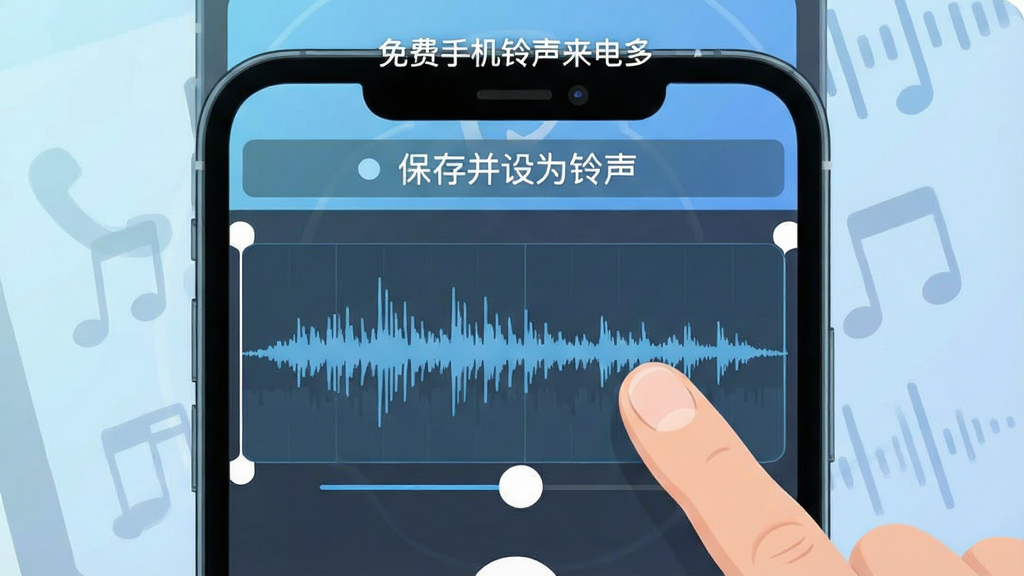一张手机屏幕截图风格的插画,画面中“免费手机铃声来电多”的界面正在展示裁剪功能,一条音频波形图清晰可见,有两根手指正在拖动波形图上的滑块,屏幕上方有“保存并设为铃声”的提示条,背景是浅蓝色渐变,风格简洁科技感,细节清晰,画质干净,无多余元素