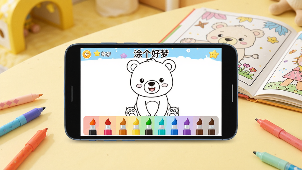 一张展示儿童数字涂色应用界面的场景图,画面中央是一部横向放置的安卓智能手机,手机屏幕上显示着