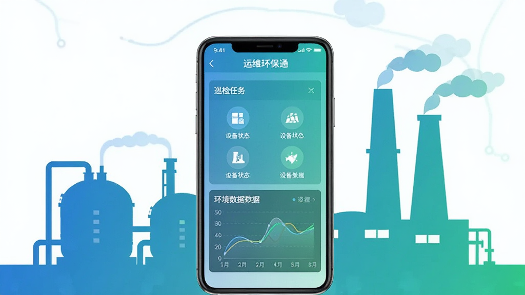 画面中央放置一部智能手机,手机屏幕显示“运维环保通”应用主界面,界面包含巡检任务列表、设备状态图标与环境数据曲线图。手机后方是简洁的污水处理厂与废气监测塔剪影,整体采用扁平化科技风格,主色调为蓝绿渐变,细节清晰,画质干净明亮,无多余元素。