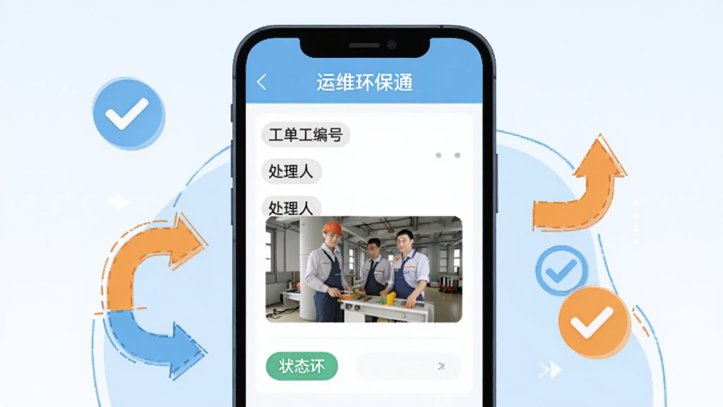 手机界面显示“运维环保通”的工单详情页,包含工单编号、处理人、现场照片和状态标签。画面采用扁平插画风格,周围环绕箭头与对勾图标表示流程流转,主色调为浅蓝与橙色,布局清晰,画质干净,无多余元素。
