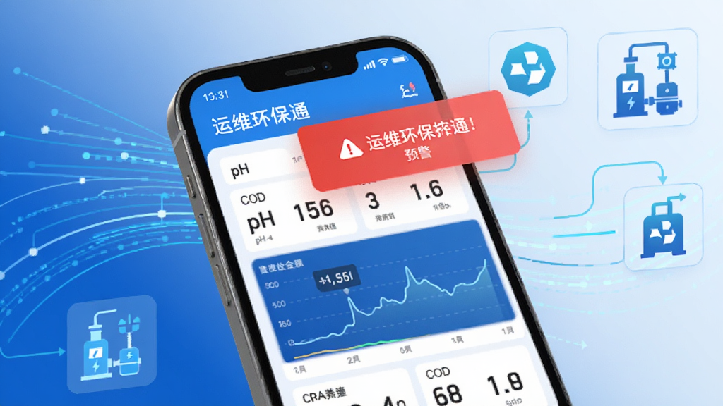 手机屏幕展示“运维环保通”的数据监控仪表盘,上面有pH值、COD等指标的数字与曲线图,屏幕上方弹出红色预警提示框。背景为抽象的数据流线条与环保设备图标,风格简洁现代,色彩以蓝白为主,画质干净,无多余元素。