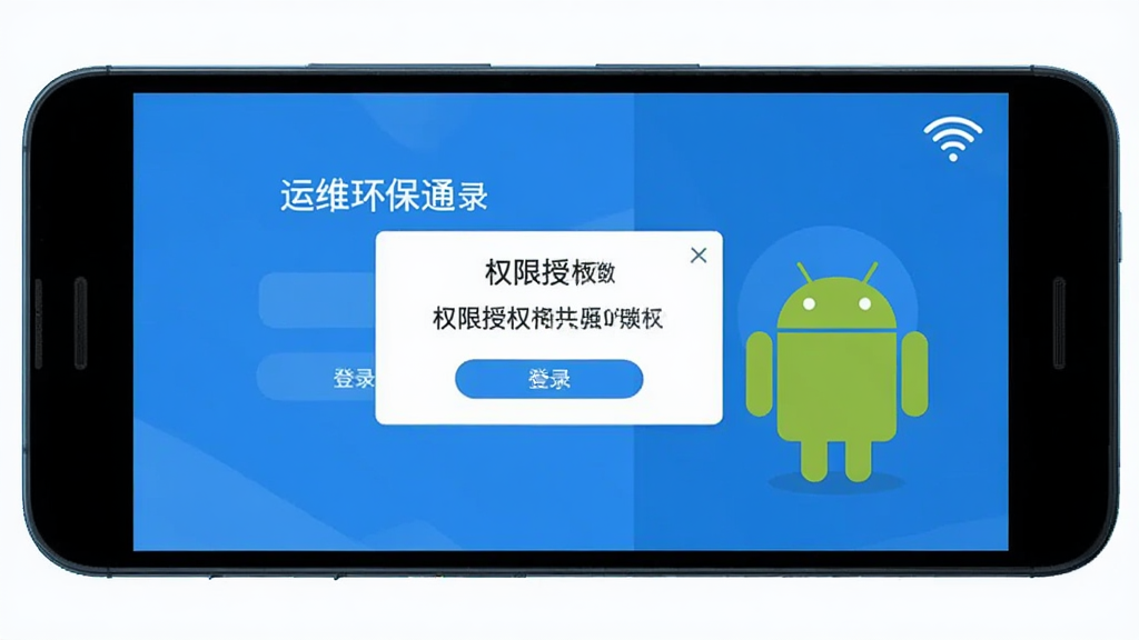 手机屏幕显示“运维环保通”的登录界面与权限授权弹窗,旁边有Android机器人图标和WiFi信号图标。画面采用扁平化风格,主色调为蓝白,细节清晰,画质干净,无多余元素。