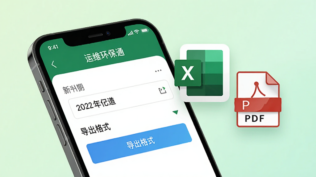 手机屏幕显示“运维环保通”的台账导出界面,有日期选择器与导出格式按钮,旁边漂浮着Excel和PDF文件图标。背景为淡绿色渐变,风格简约商务,细节清晰,画质干净,无多余元素。