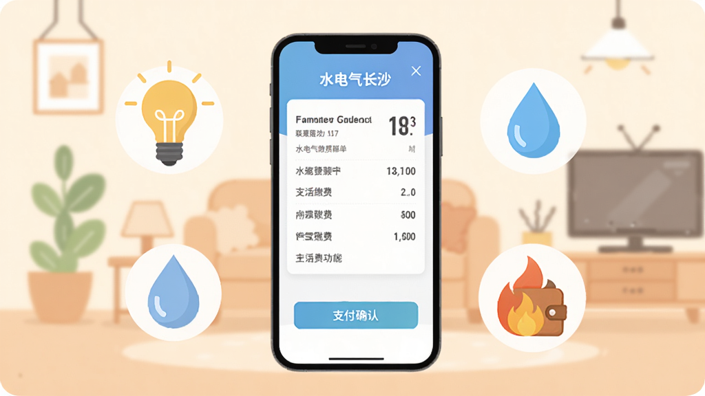 数字长沙生活缴费功能界面展示图,手机屏幕显示水电气缴费账单和支付确认页面,周围有灯泡、水滴、火焰、钱包等图标元素,背景为温馨的家居场景简化线条,风格为清新扁平化设计,色彩柔和,画质清晰,画面干净整洁