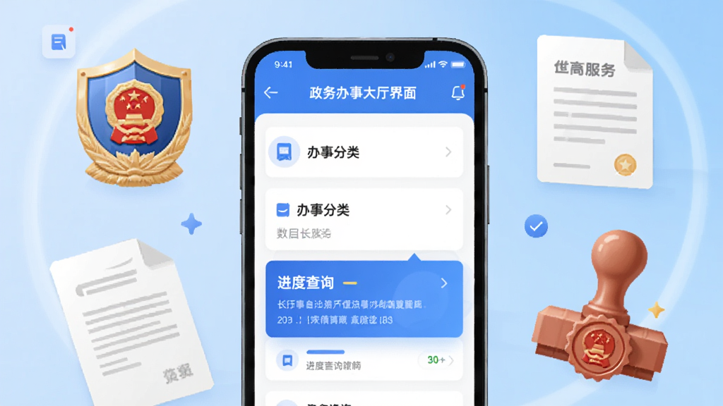 数字长沙应用中的政务办事大厅界面展示图,画面主体为手机屏幕,屏幕内呈现清晰的办事分类列表和进度查询卡片,周围环绕着代表政府服务的盾牌、文件、印章等图形元素,背景为浅蓝色渐变,整体风格为现代扁平化UI设计,细节精致,画质清晰,干净无杂乱元素