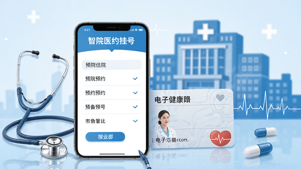 数字长沙智慧医疗功能展示图,手机屏幕显示医院预约挂号界面和电子健康卡,背景为医院建筑轮廓和医疗十字标志,画面中有听诊器、药丸、心率线等元素,风格为专业医疗科技插画,色彩以蓝白色为主,细节清晰,画质干净